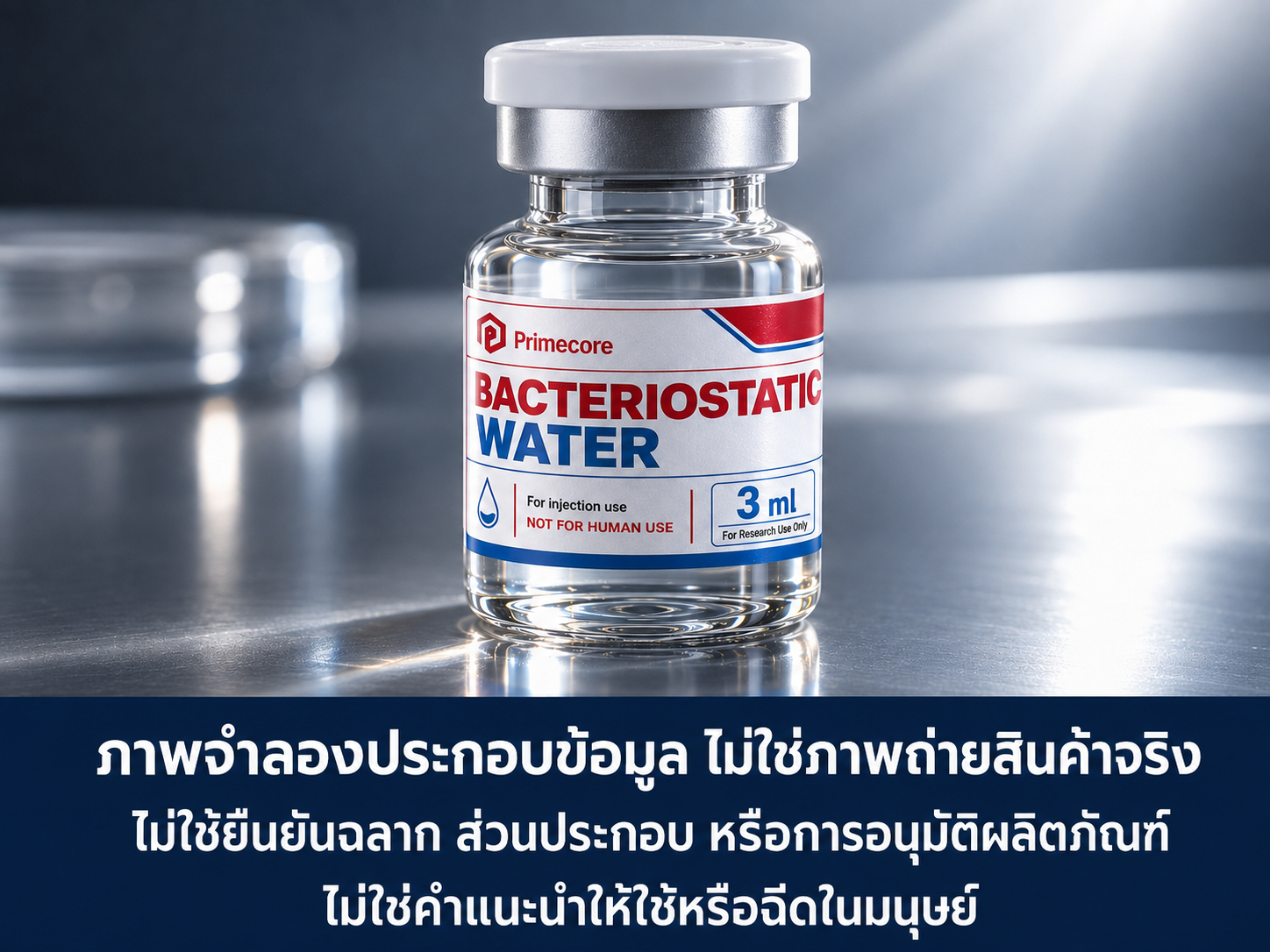 AI-generated Bacteriostatic Water vial illustration bearing the name Primecore, with a disclaimer; not an actual product photograph