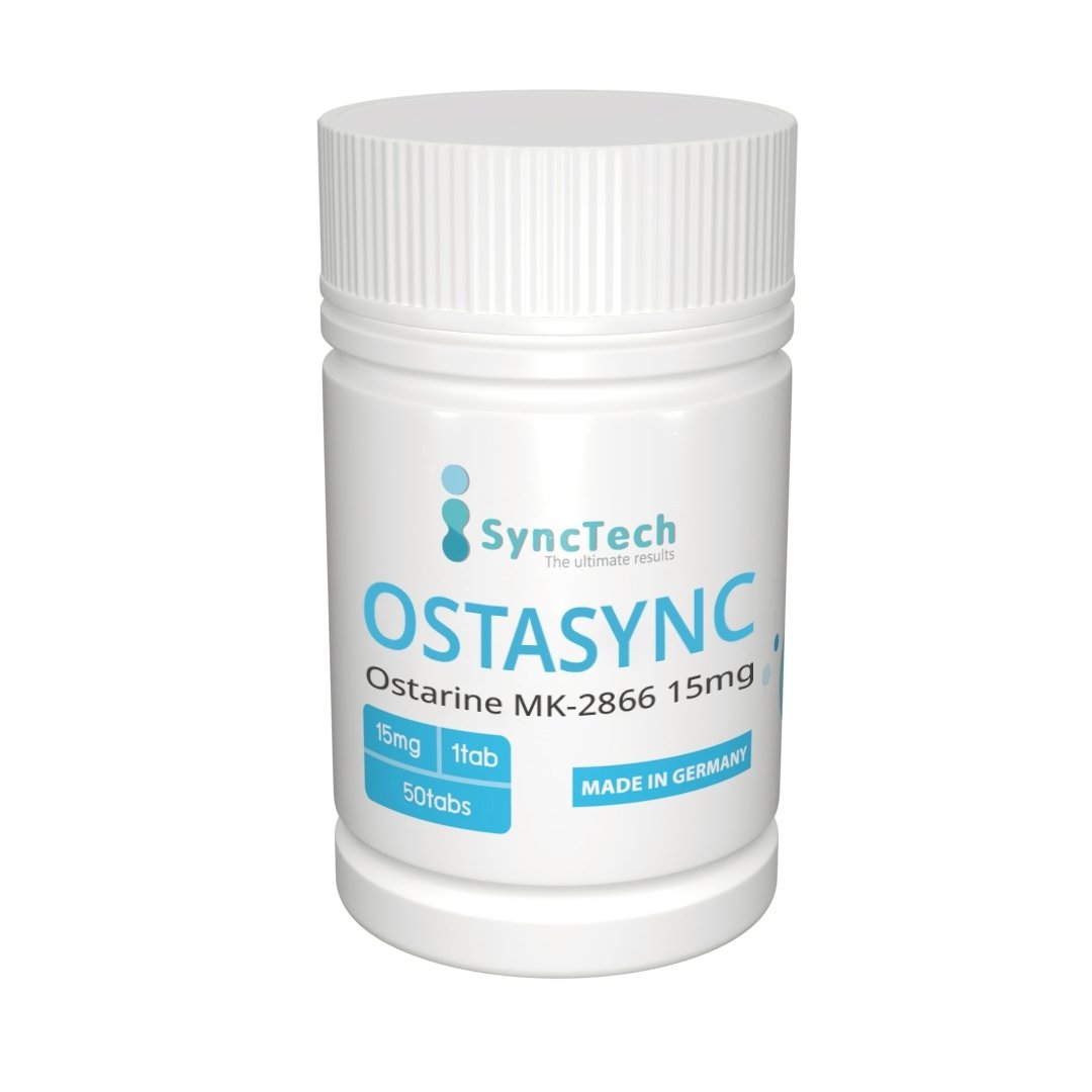 Illustrated white screw-cap bottle for OSTASYNC by Synctech