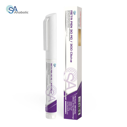 ภาพจำลองปากกาสีขาวและกล่องสีขาวกับม่วง RETA PEN ของ SA Anabolic