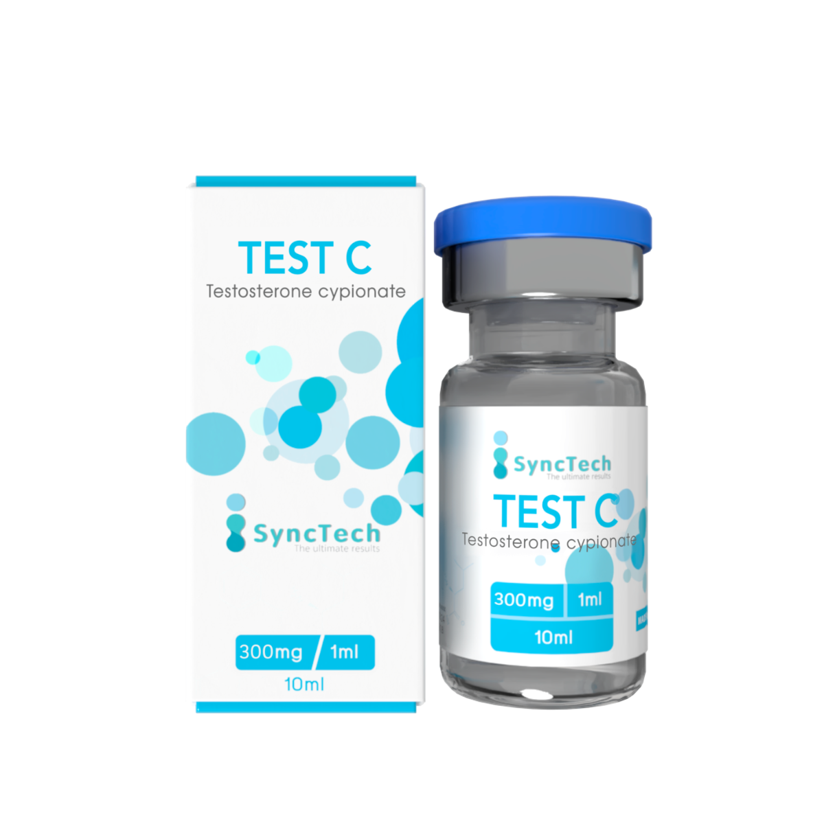 ภาพประกอบกล่องคู่กับขวดฝาสีน้ำเงินของ TEST C แบรนด์ Synctech