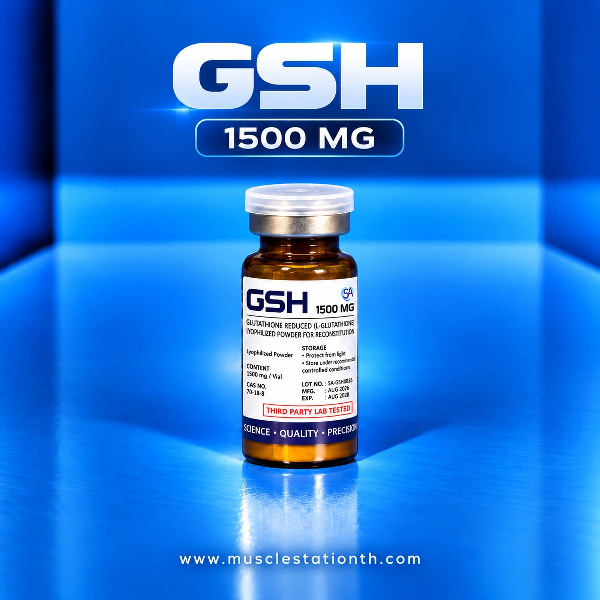 ขวดแก้วสีน้ำตาลที่มีฉลาก GSH 1500 MG บนพื้นหลังสีน้ำเงิน