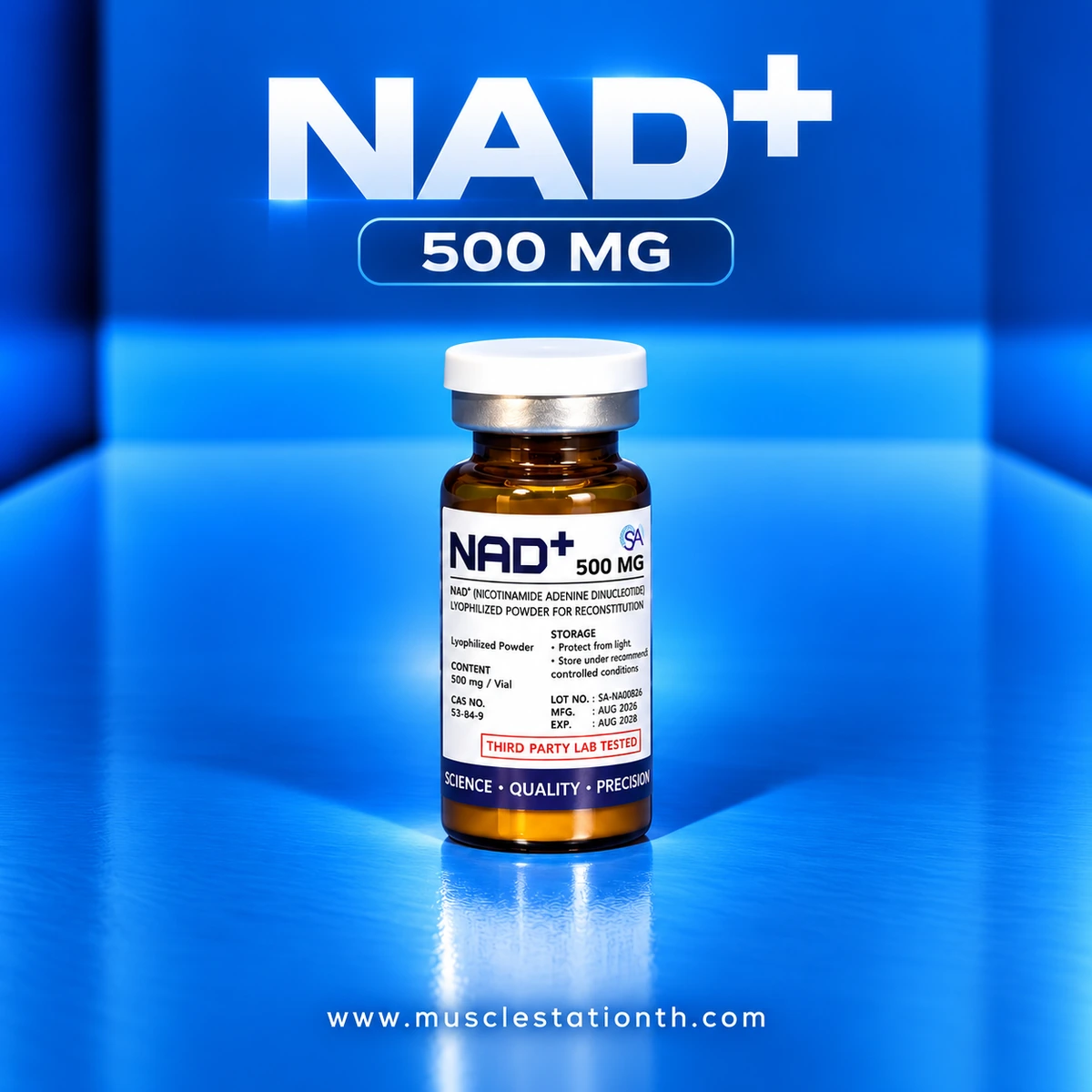 ขวดแก้วสีน้ำตาลที่มีฉลาก NAD+ 500 MG บนพื้นหลังสีน้ำเงิน